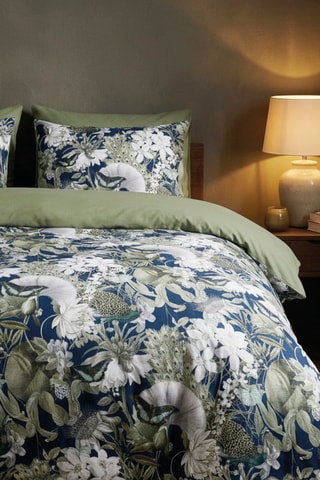 Parure de couette en satin de coton 80 fils/cm²  Jardin Orné - Bleu foncé