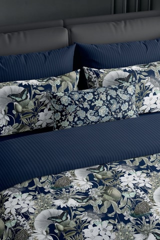 Parure de couette réversible en satin de coton 80 fils/cm² Jardin orné DBL - Bleu foncé