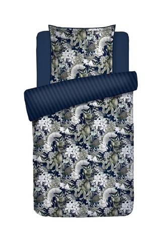 Parure de couette réversible en satin de coton 80 fils/cm² Jardin orné DBL - Bleu foncé