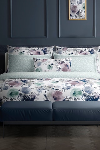 Drap plat en satin de coton 80 fils/cm² Erodium - Blanc et bleu