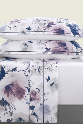 Parure de draps en satin de coton 80 fils/cm² Erodium - Blanc et bleu marine