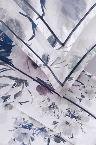 Parure de draps en satin de coton 80 fils/cm² Erodium - Blanc et bleu marine