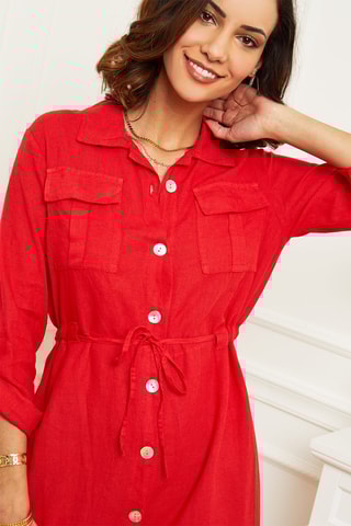 Abito a camicia in lino - Rosso