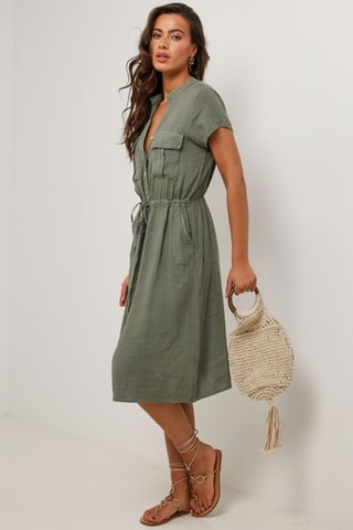 Abito a camicia in lino - Verde