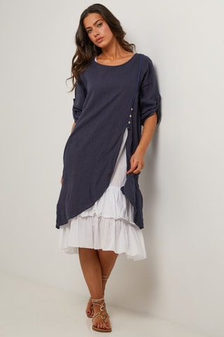 Abito lungo in lino - Bianco e blu