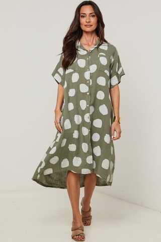 Abito a camicia in lino - Kaki