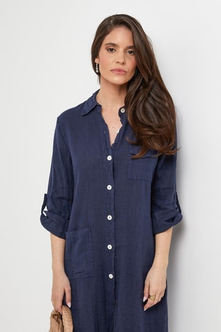 Abito a camicia in lino - Blu