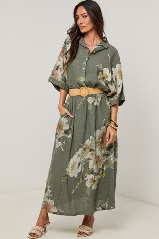 Gonna lunga a vita alta in lino - Kaki