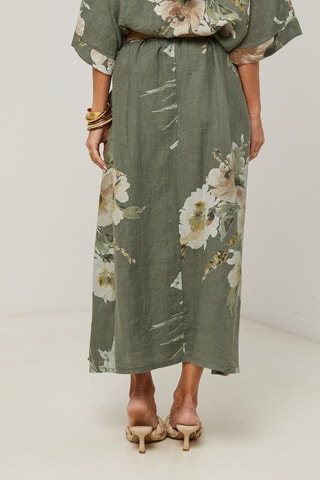 Gonna lunga a vita alta in lino - Kaki
