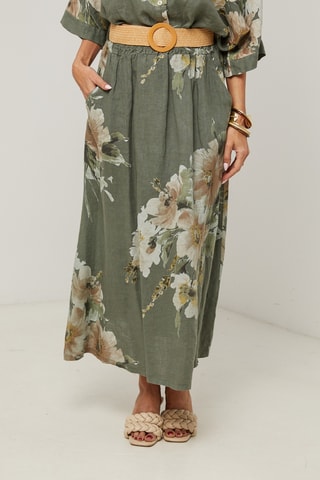 Gonna lunga a vita alta in lino - Kaki