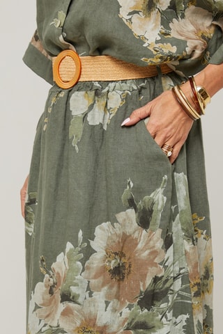 Gonna lunga a vita alta in lino - Kaki