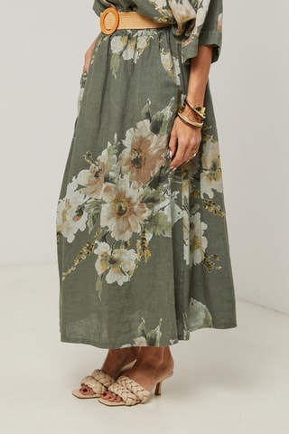 Gonna lunga a vita alta in lino - Kaki