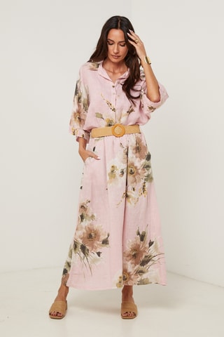 Gonna lunga a vita alta in lino - Rosa