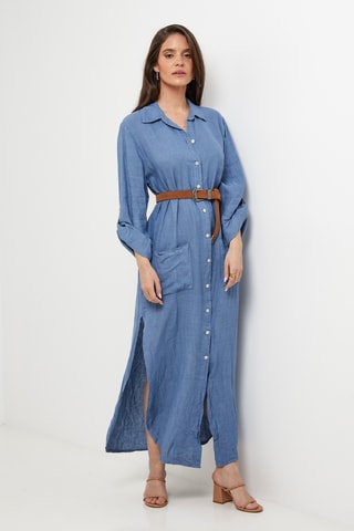 Abito a camicia in lino - Blu