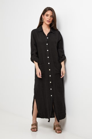 Abito a camicia in lino - Nero