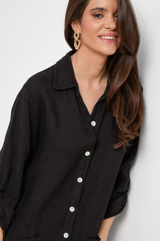 Abito a camicia in lino - Nero