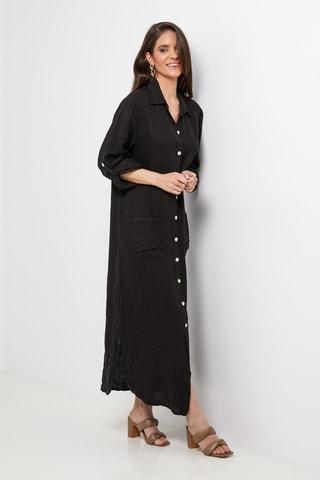Abito a camicia in lino - Nero