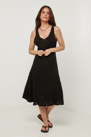 Abito midi in lino senza maniche - Nero
