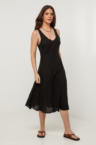 Abito midi in lino senza maniche - Nero