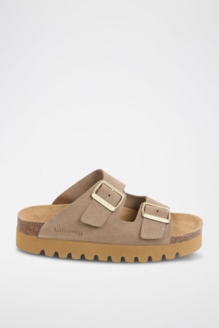 Mules com plataforma em couro - Castanho-claro