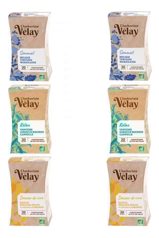 2 x Infusion sommeil mélisse verveine marjolaine bio - 20 sachets, Relax (Verveine, Hibiscus, Rooibos, Cannelle) - 20 sachets et 2 x Infusion douceur de vivre basilic réglisse épices orange bio - 20 sachets