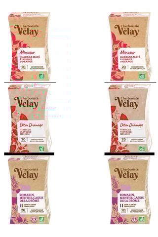 2 x Détox drainage hibiscus verveine fraise bio - 20 sachets, 2 x Minceur (Guarana, Orange, Maté) - 20 sachets et 2 x Infusion romarin menthe cassis de la Drôme bio - 20 sachets