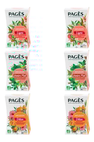 2 x Infusion bio détox romarin hibiscus mandarine - 20 sachets, 2 x Infusion BIO Ligne (Reine des près, Thé vert, Cannelle, Pamplemousse) - 20 sachets et 2 x Infusion Ventre Plat BIO (menthe, reglisse, feuilles de cassis) - 20 sachets