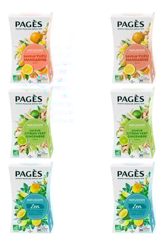2 x Infusion BIO Yuzu Mandarine - 20 sachets, 2 x Infusion BIO Citron Vert Gingembre - 20 sachets et Infusion BIO Zen (Mélisse, basilic, citron bergamote) - 20 sachets