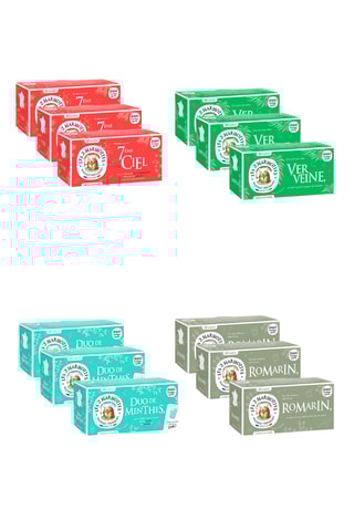 3 x Infusion romarin bio - 30 sachets + 3 x Infusion Duo de Menthes - 30 sachets + 3 x Infusion verveine bio - 30 sachets + 3 x infusion 7ème ciel bio - 30 sachets
