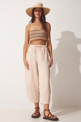Calças 7/8 de cintura alta - Bege
