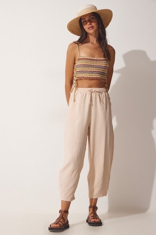 Calças 7/8 de cintura alta - Bege
