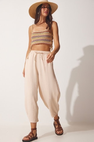 Calças 7/8 de cintura alta - Bege