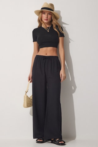 Calças wide legs em linho - Preto
