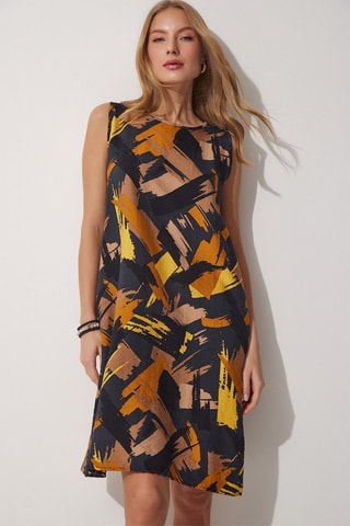 Vestido direito sem mangas - Preto e castanho-claro