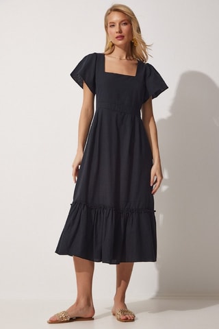 Vestido midi em linho - Preto