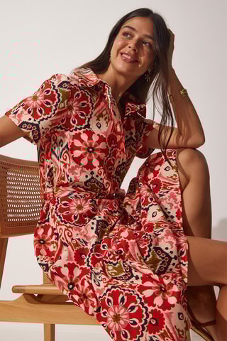 Vestido estilo patinadora - Bege e vermelho