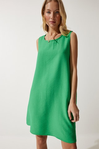 Vestido trapézio em linho - 
Verde-escuro