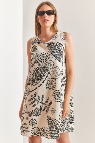 Vestido trapézio em linho sem mangas - Bege e preto