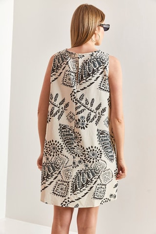 Vestido trapézio em linho sem mangas - Bege e preto