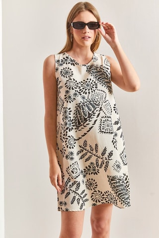 Vestido trapézio em linho sem mangas - Bege e preto