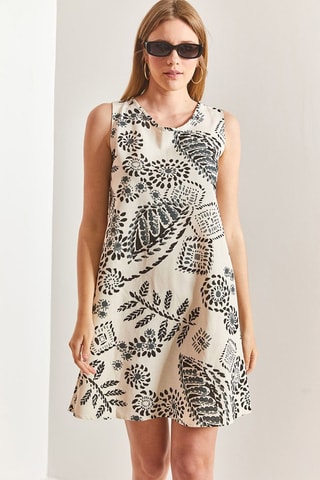 Vestido trapézio em linho sem mangas - Bege e preto