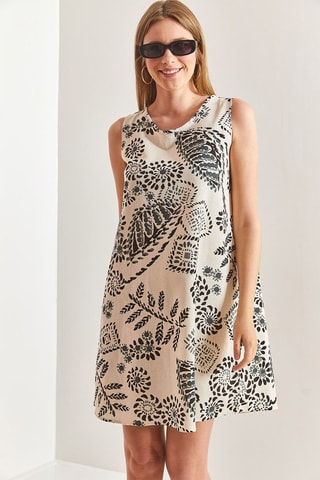 Vestido trapézio em linho sem mangas - Bege e preto