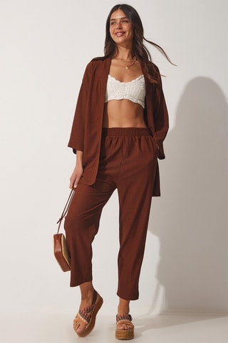 Quimono e calças - 
Castanho