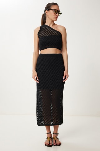 Crop top e saia midi de cintura alta - Preto