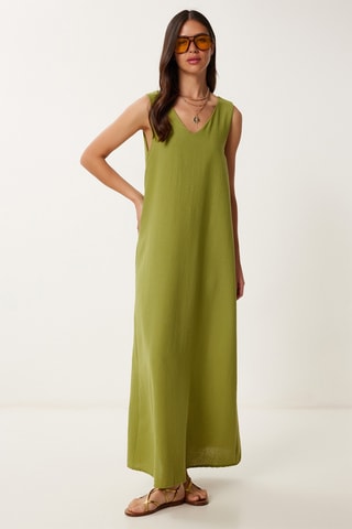 Vestido comprido em linho - Verde-azeitona
