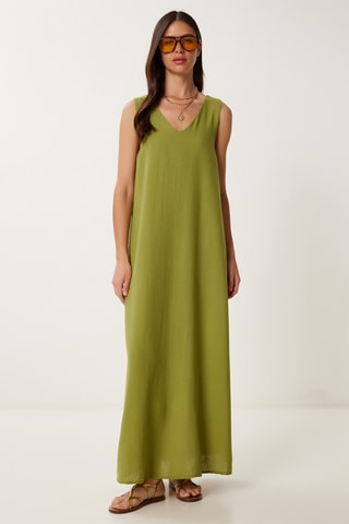 Vestido comprido em linho - Verde-azeitona