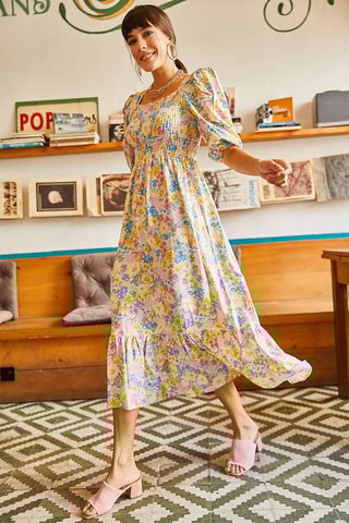 Vestido estilo patinadora - Amarelo e azul-cobalto