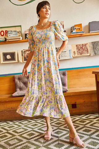 Vestido estilo patinadora - Amarelo e azul-cobalto