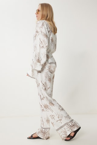 Calças cintura subida e blusa - Castanho e branco