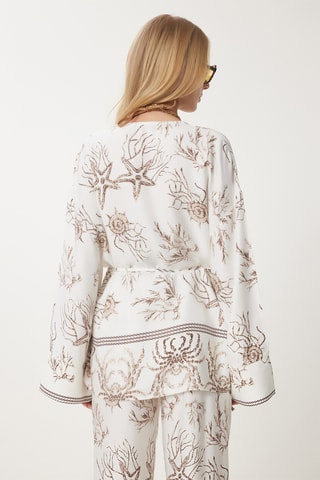 Calças cintura subida e blusa - Castanho e branco